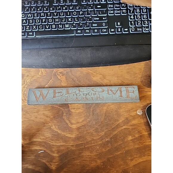 Welcome to Our Cabin Wood Sign Blue Brown Rustic Lodge Decor Wall Hanging - Picture 1 of 7